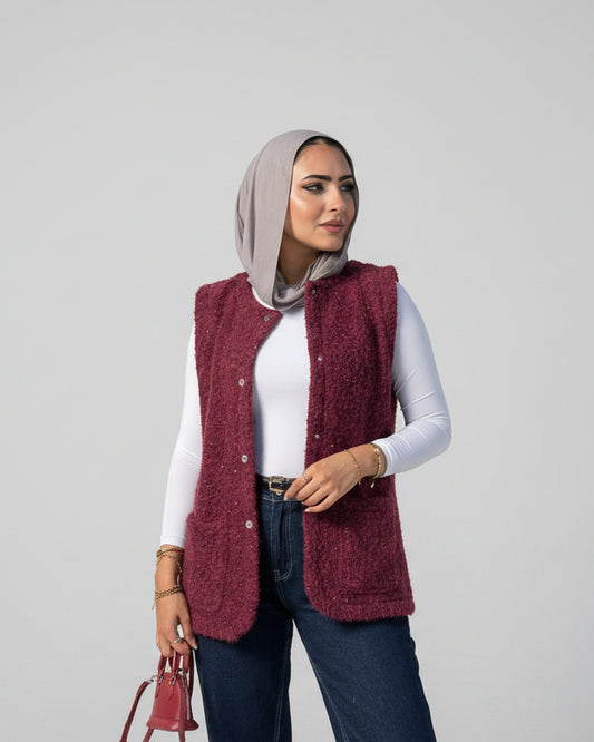 Fluffy Wool Vest - Burgundy